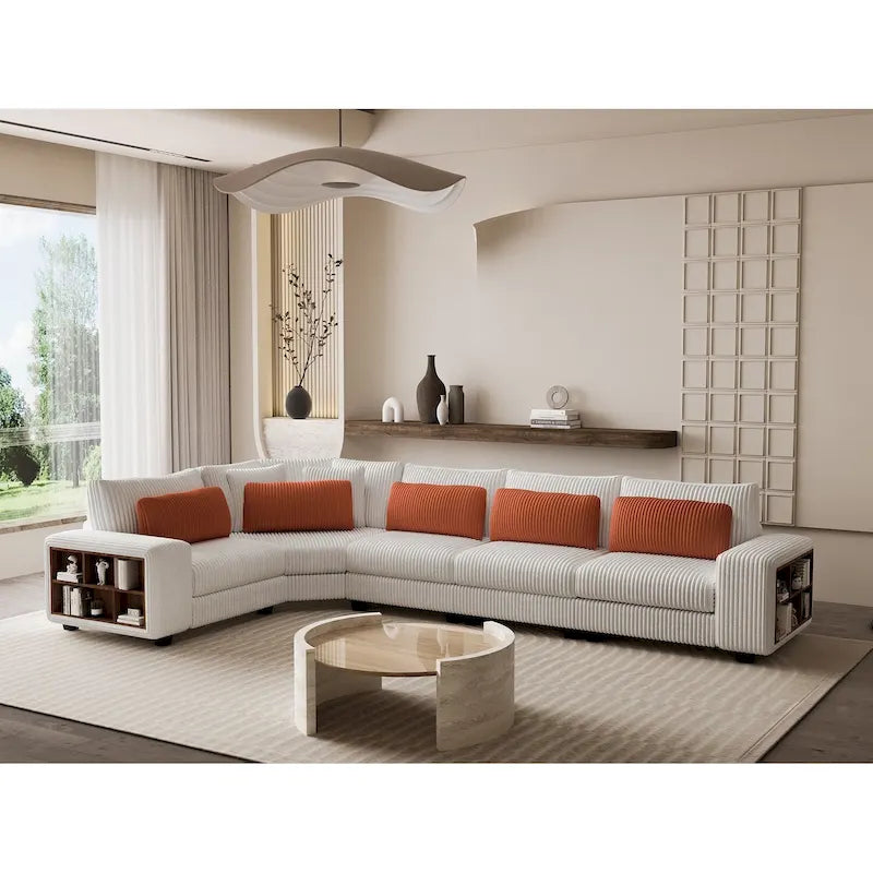 142 L-Shaped Modular Sectional Sofa with Pillow, Wooden Armrests, and Versatile Storage Shelves