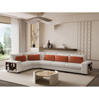 142 L-Shaped 5-Seater Modular Sectional Sofa with Pillow, Wooden Armrests, and Versatile Storage Shelves
