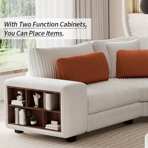 142 L-Shaped Modular Sectional Sofa with Pillow, Wooden Armrests, and Versatile Storage Shelves