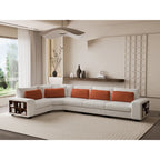 142 L-Shaped Modular Sectional Sofa with Pillow, Wooden Armrests, and Versatile Storage Shelves