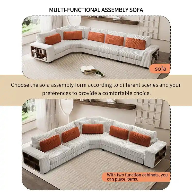 142 L-Shaped Modular Sectional Sofa with Pillow, Wooden Armrests, and Versatile Storage Shelves