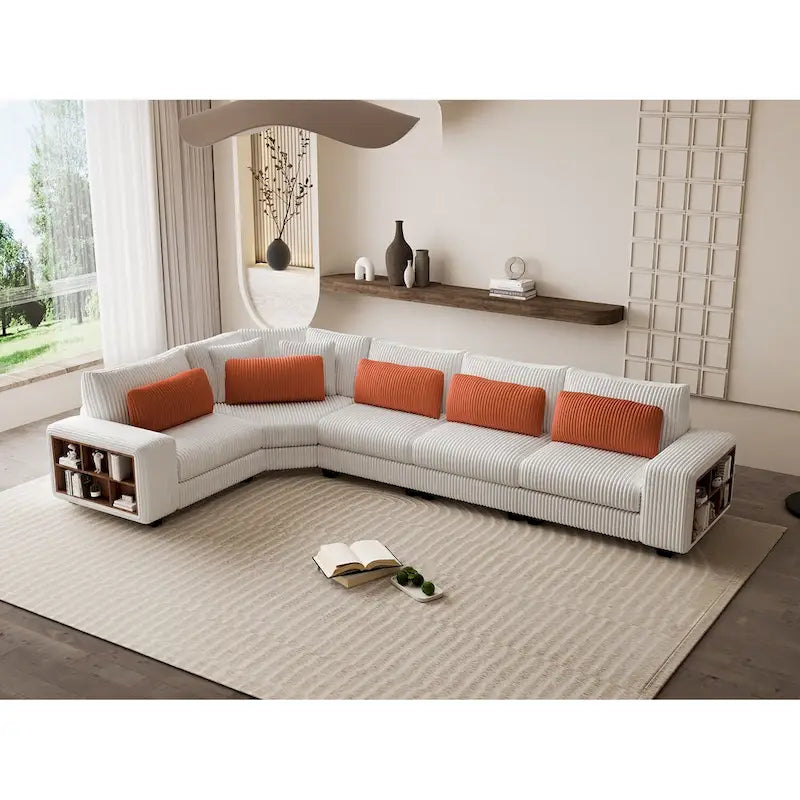 142 L-Shaped Modular Sectional Sofa with Pillow, Wooden Armrests, and Versatile Storage Shelves