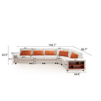 142 L-Shaped Modular Sectional Sofa with Pillow, Wooden Armrests, and Versatile Storage Shelves