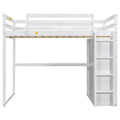 White Full Size Wood Loft Bed with Wardrobe and Storage Shelves