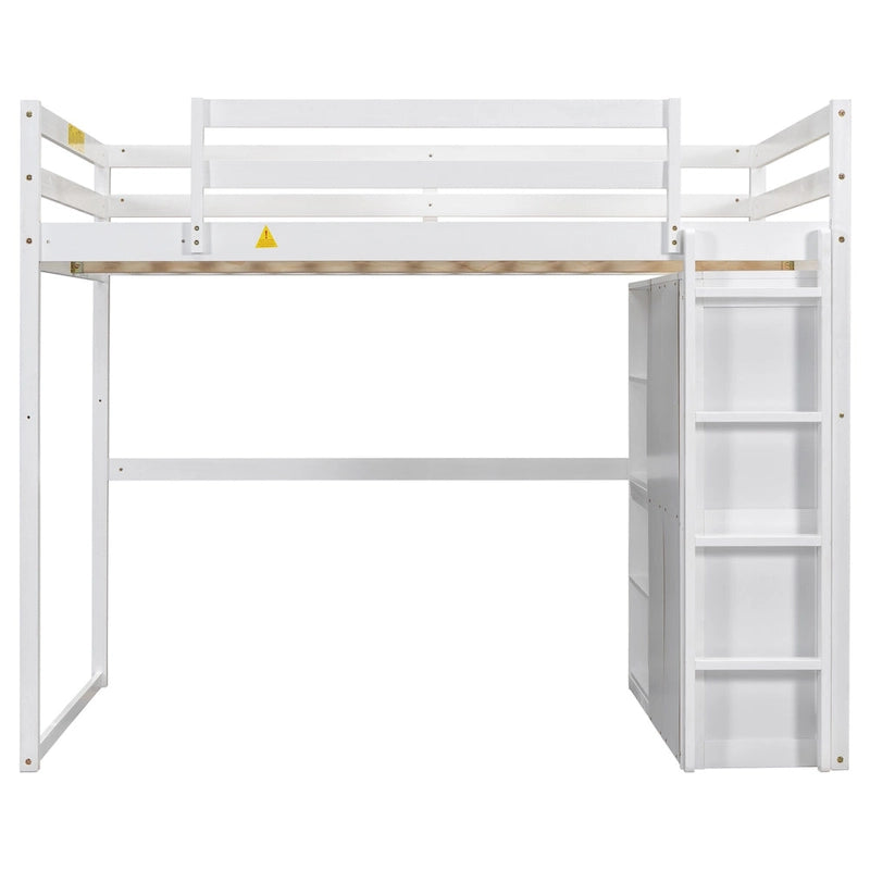 White Full Size Wood Loft Bed with Wardrobe and Storage Shelves