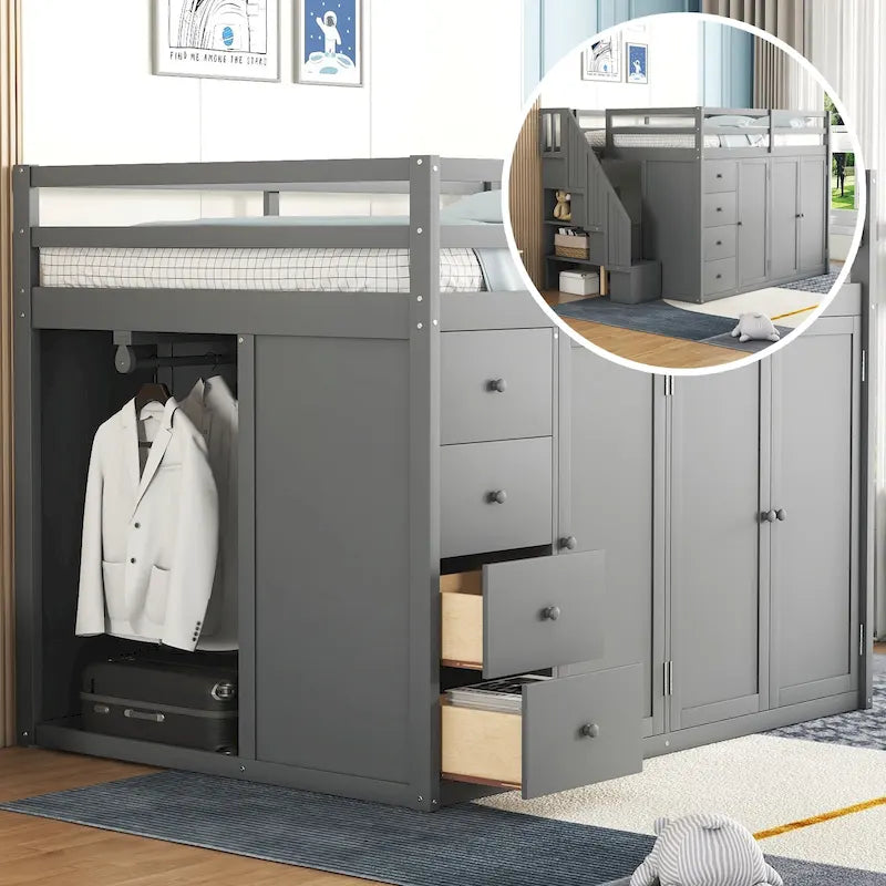 Gray Full Size Wood Loft Bed with Built-in Wardrobes and Drawers