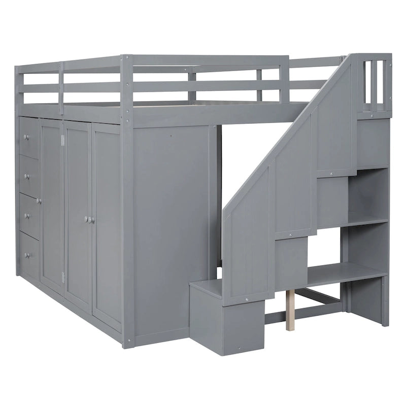 Gray Full Size Wood Loft Bed with Built-in Wardrobes and Drawers