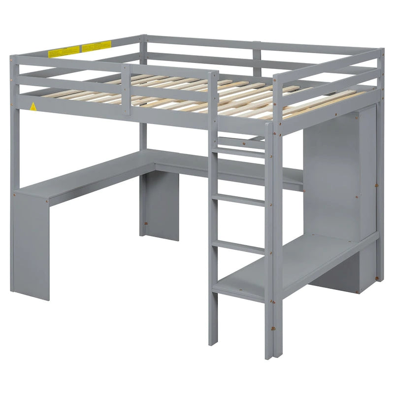 Grey Full Size Solid Wood Loft Bed with L-shaped Desk & Storage