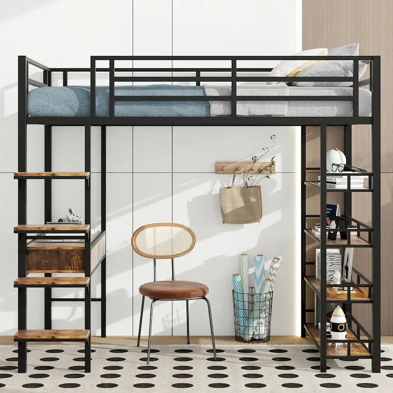 Black Twin Size Metal Loft Bed with Desk, Ladder & Shelves for Kids