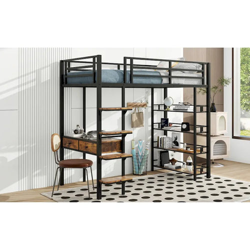 Lit mezzanine métallique noir 1 place avec bureau, échelle et étagères pour enfants