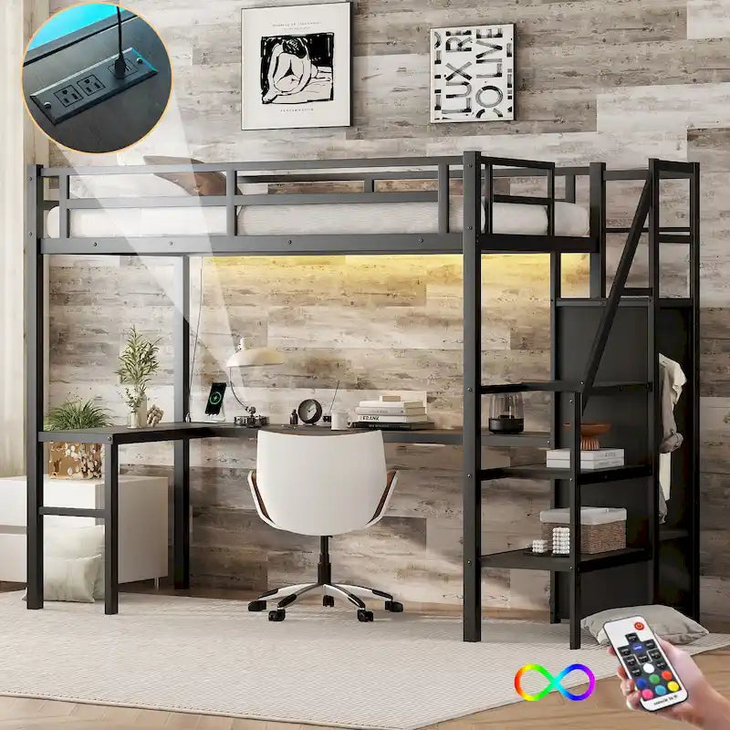 Black Twin XL Size Metal Loft Bed with L-shaped Desk, USB, and LED for Kids and Teens