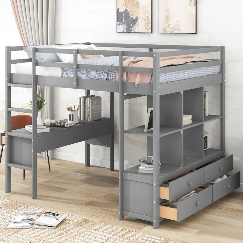 Gray Full Size Pine Loft Bed with Built-in Desk & Drawers