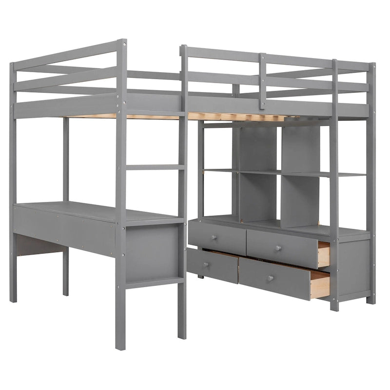 Letto a soppalco in pino grigio, misura Full, con scrivania integrata e cassetti