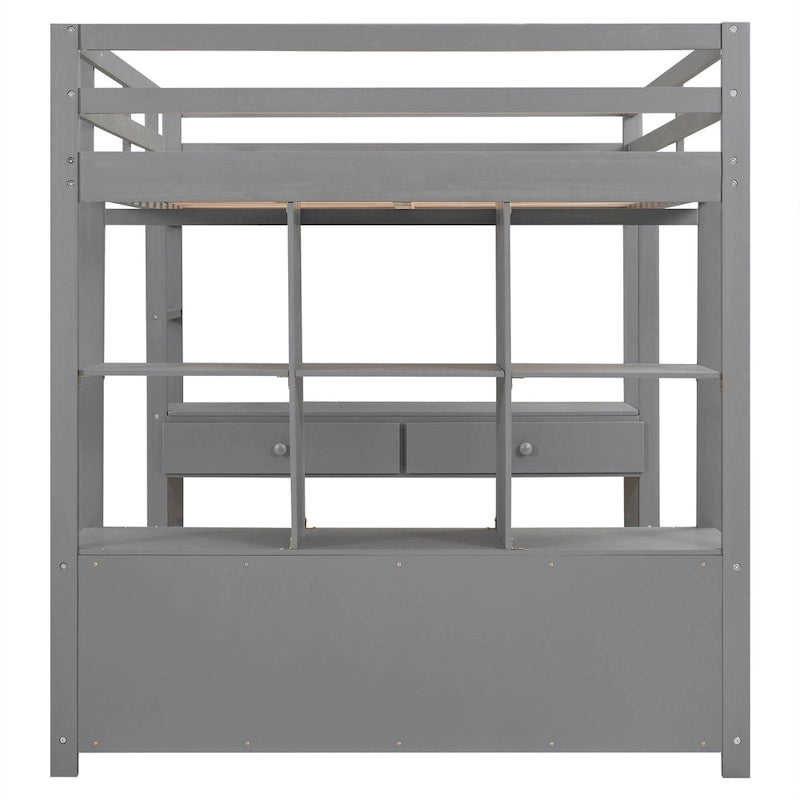 Letto a soppalco in pino grigio, misura Full, con scrivania integrata e cassetti