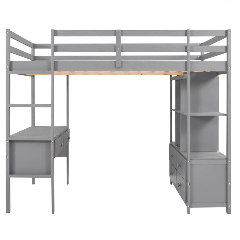 Letto a soppalco in pino grigio, misura Full, con scrivania integrata e cassetti