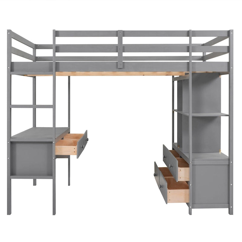 Letto a soppalco in pino grigio, misura Full, con scrivania integrata e cassetti