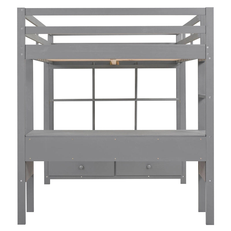 Letto a soppalco in pino grigio, misura Full, con scrivania integrata e cassetti