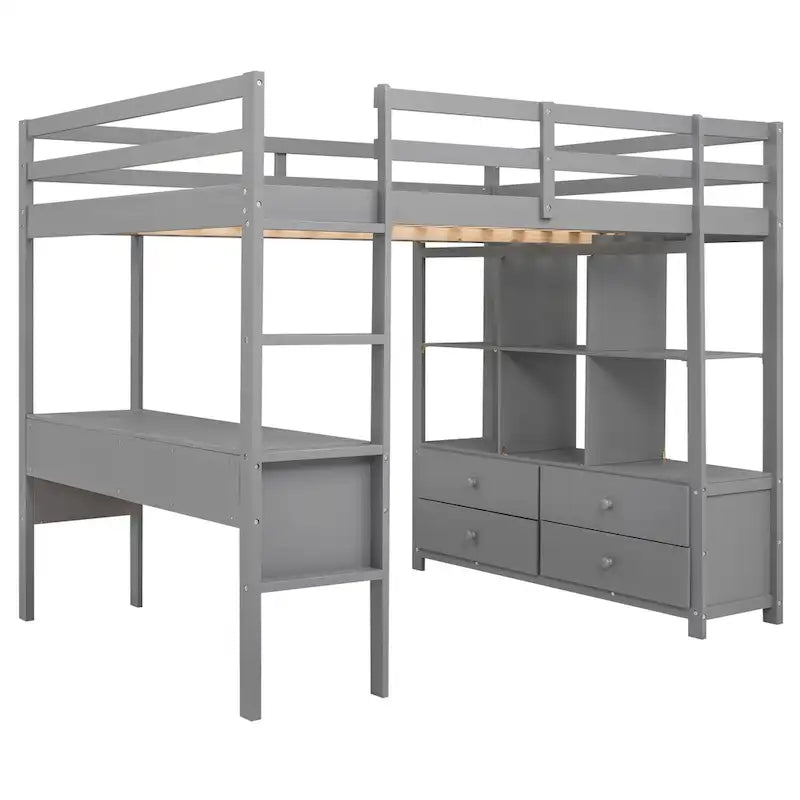 Letto a soppalco in pino grigio, misura Full, con scrivania integrata e cassetti