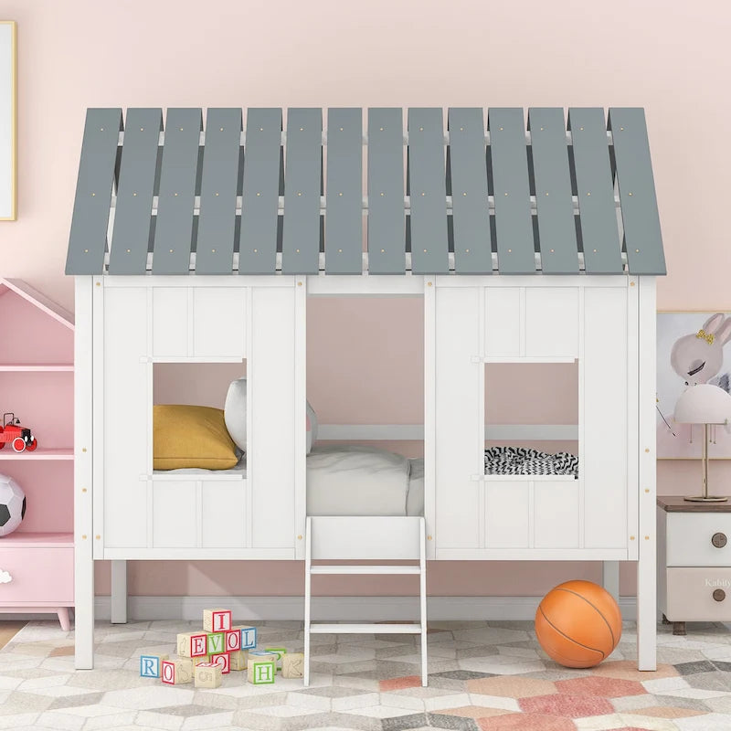 Twin Pine Low Loft House Bed with Roof, Windows, and Ladder