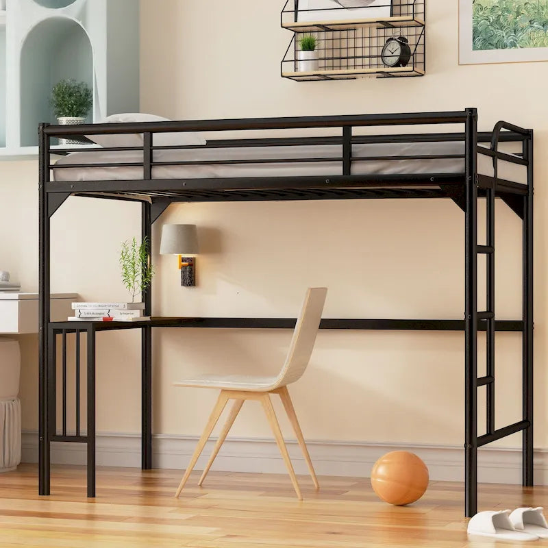 Lit mezzanine métallique noir au format Twin avec bureau, échelle et barrières de sécurité