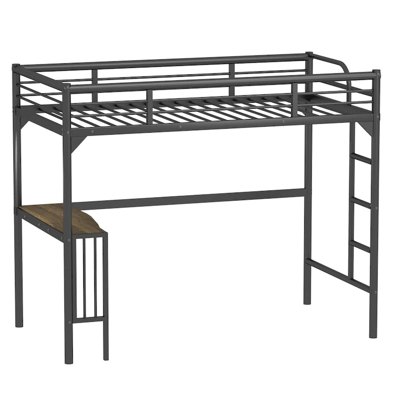 Black Twin Size Metal Loft Bed with Desk, Ladder, and Guardrails