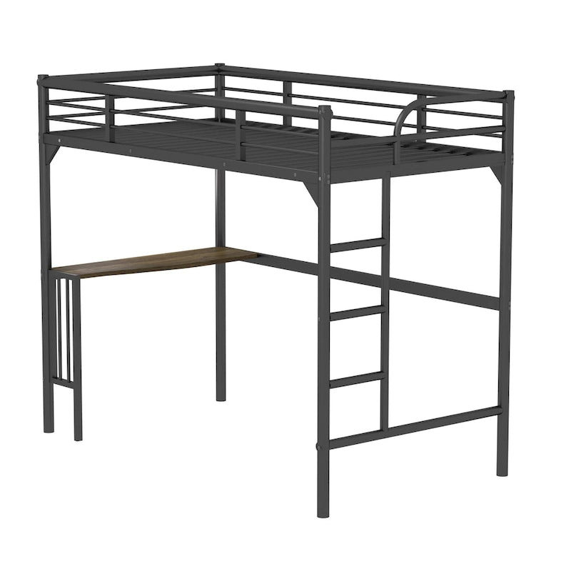 Lit mezzanine métallique noir au format Twin avec bureau, échelle et barrières de sécurité
