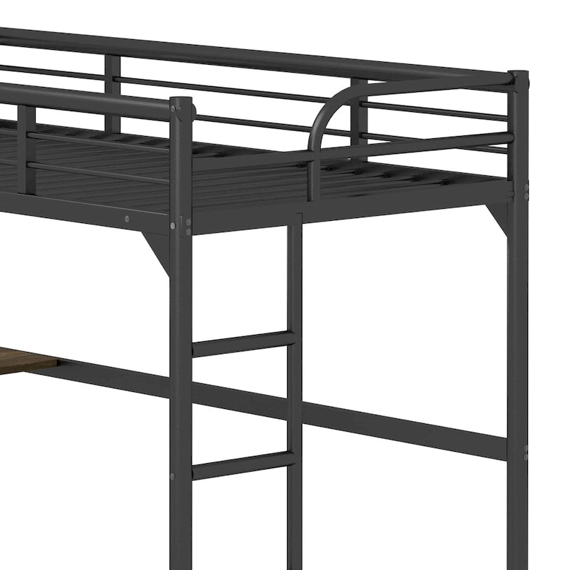 Lit mezzanine métallique noir au format Twin avec bureau, échelle et barrières de sécurité
