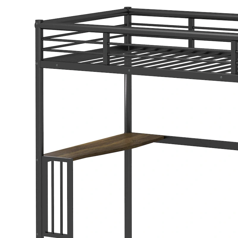 Lit mezzanine métallique noir au format Twin avec bureau, échelle et barrières de sécurité