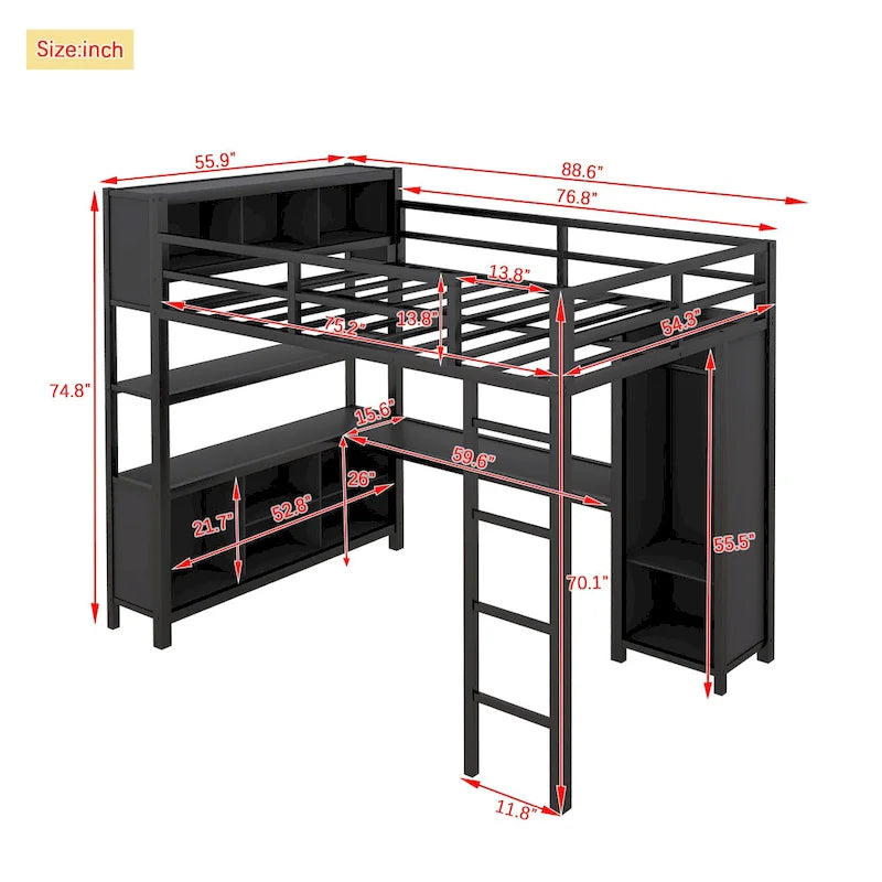 Black Full Size Metal Loft Bed with Wardrobe, Desk, and Storage Shelves