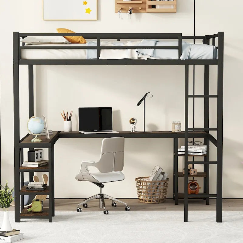 Schwarzes Metall-Hochbett in Doppelbettgröße mit Schreibtisch, Regalen, Leiter und Sicherheitsgittern