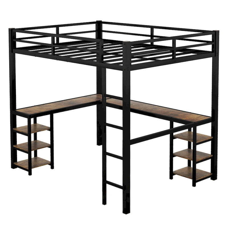 Schwarzes Metall-Hochbett in Doppelbettgröße mit Schreibtisch, Regalen, Leiter und Sicherheitsgittern