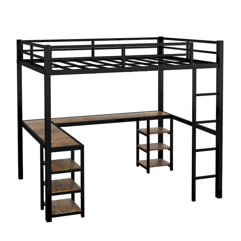 Schwarzes Metall-Hochbett in Doppelbettgröße mit Schreibtisch, Regalen, Leiter und Sicherheitsgittern