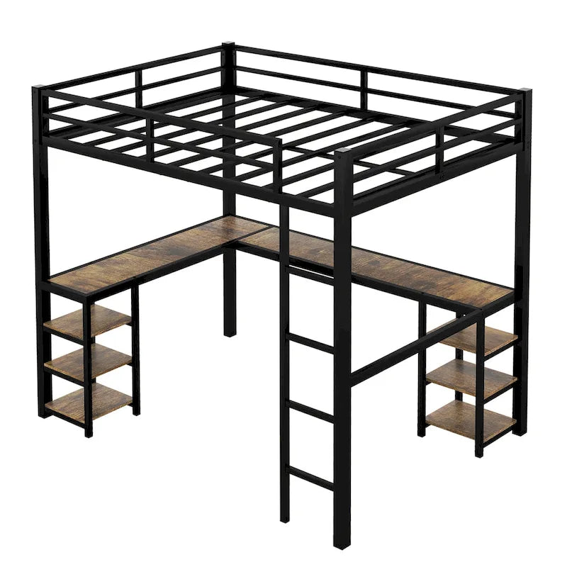 Schwarzes Metall-Hochbett in Doppelbettgröße mit Schreibtisch, Regalen, Leiter und Sicherheitsgittern