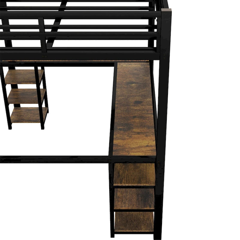Schwarzes Metall-Hochbett in Doppelbettgröße mit Schreibtisch, Regalen, Leiter und Sicherheitsgittern