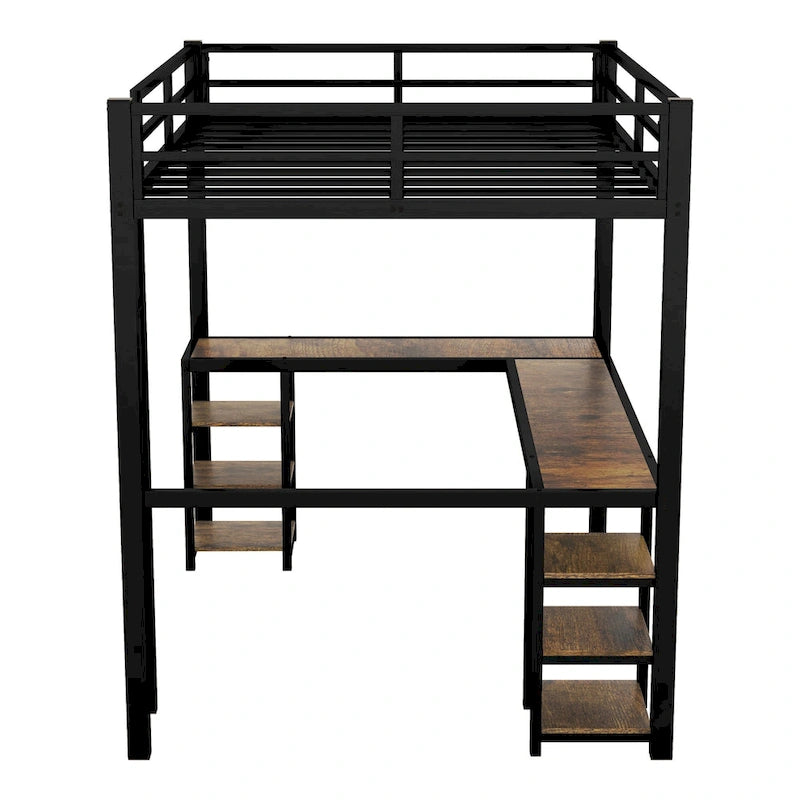 Schwarzes Metall-Hochbett in Doppelbettgröße mit Schreibtisch, Regalen, Leiter und Sicherheitsgittern