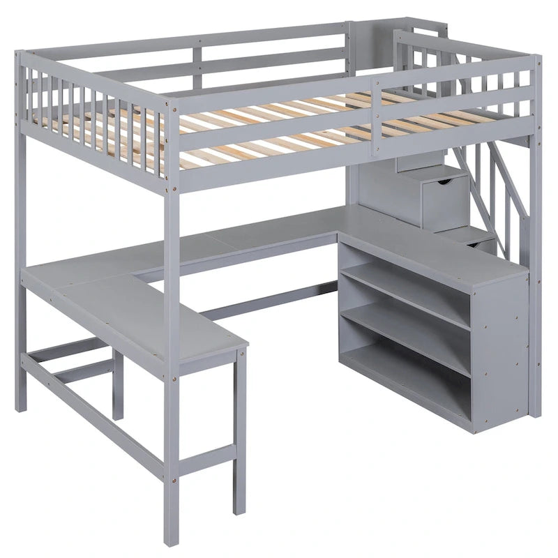 Gray Full Pine Wood Loft Bed with L-Shaped Desk
