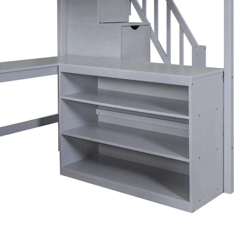 Gray Full Pine Wood Loft Bed with L-Shaped Desk