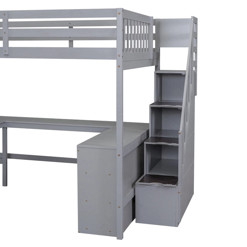 Gray Full Pine Wood Loft Bed with L-Shaped Desk