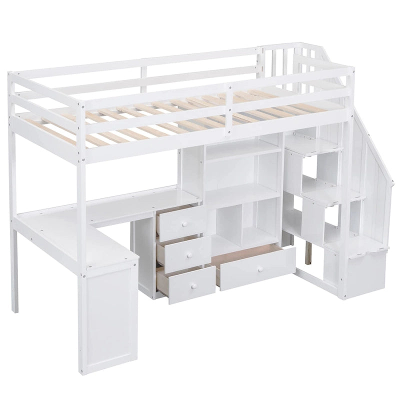 Hochbett aus Kiefernholz in Twin Size mit L-förmigem Schreibtisch