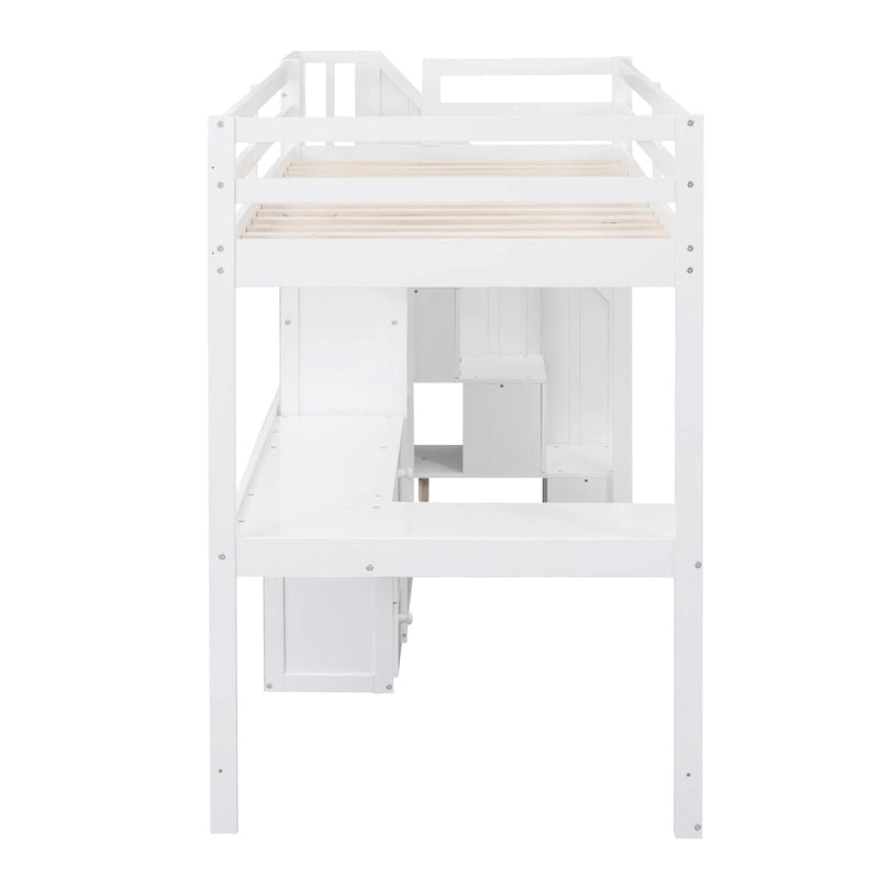 Hochbett aus Kiefernholz in Twin Size mit L-förmigem Schreibtisch