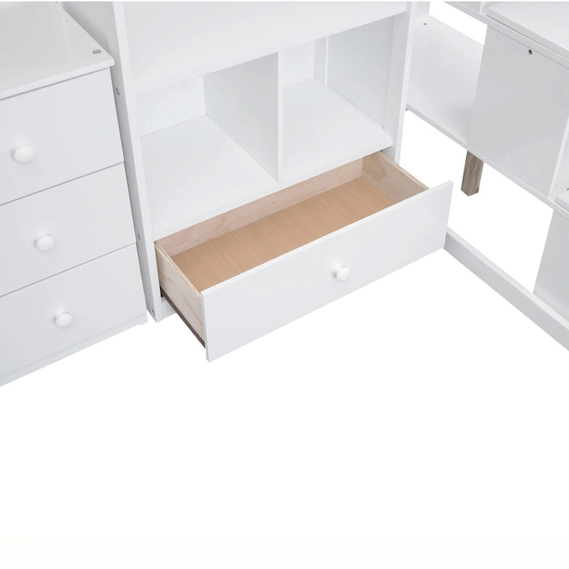 Hochbett aus Kiefernholz in Twin Size mit L-förmigem Schreibtisch