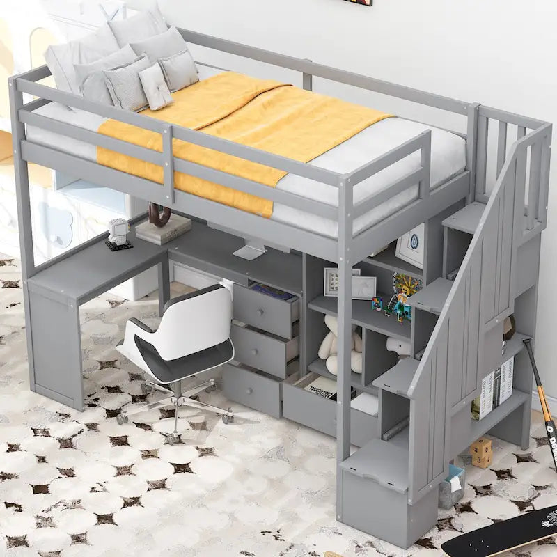 Hochbett aus Kiefernholz in Twin Size mit L-förmigem Schreibtisch