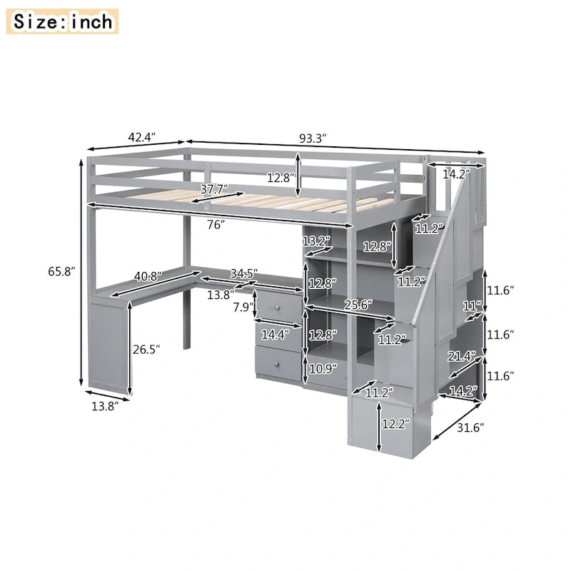 Hochbett aus Kiefernholz in Twin Size mit L-förmigem Schreibtisch