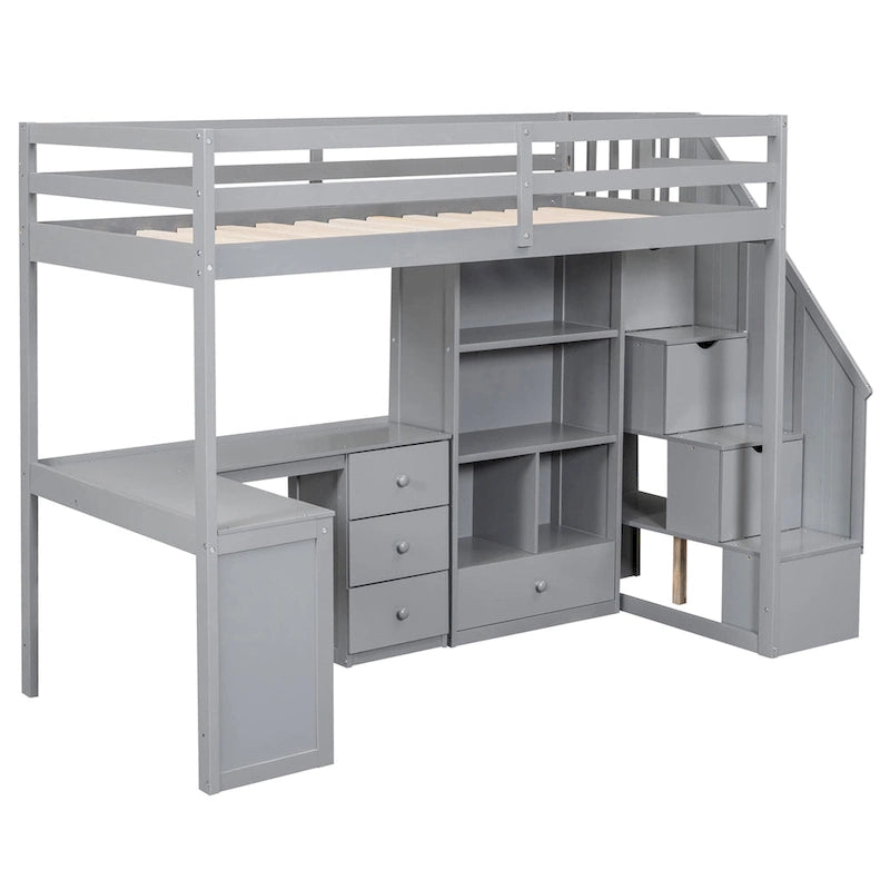 Hochbett aus Kiefernholz in Twin Size mit L-förmigem Schreibtisch