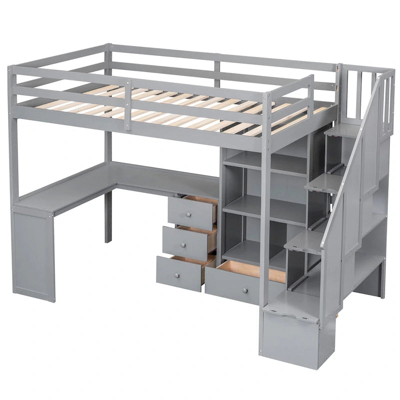 Hochbett aus Kiefernholz in Twin Size mit L-förmigem Schreibtisch