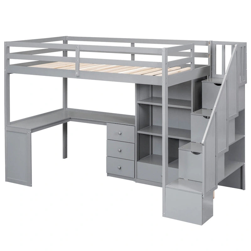 Hochbett aus Kiefernholz in Twin Size mit L-förmigem Schreibtisch