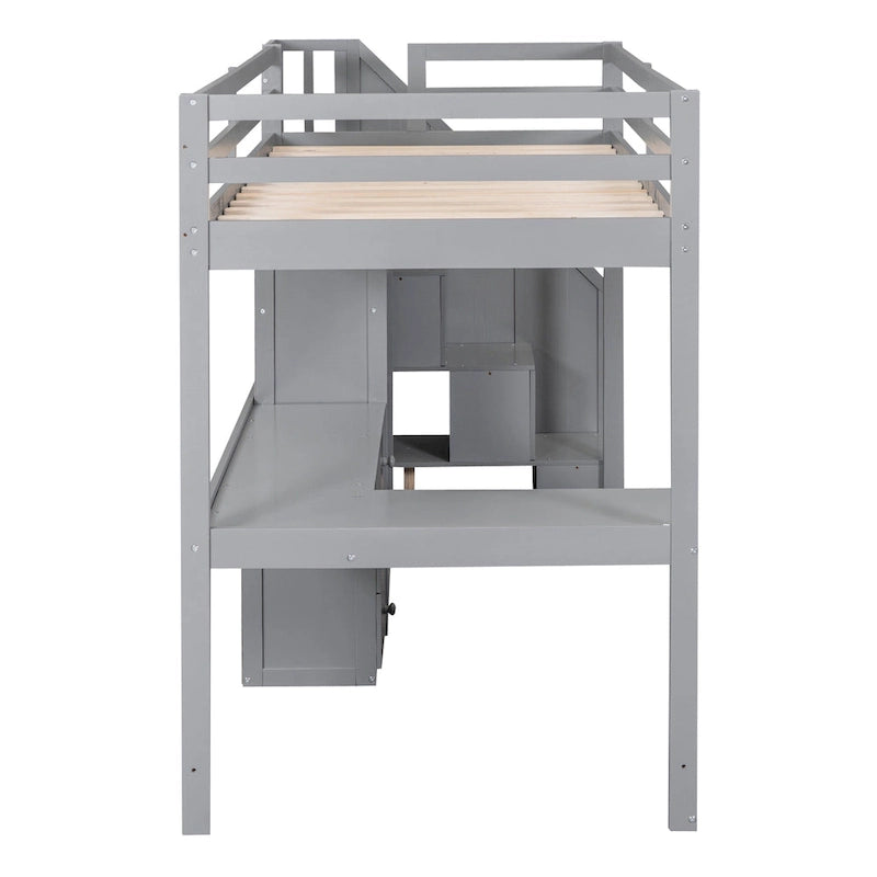 Hochbett aus Kiefernholz in Twin Size mit L-förmigem Schreibtisch
