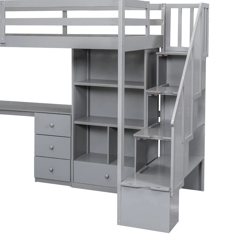 Hochbett aus Kiefernholz in Twin Size mit L-förmigem Schreibtisch