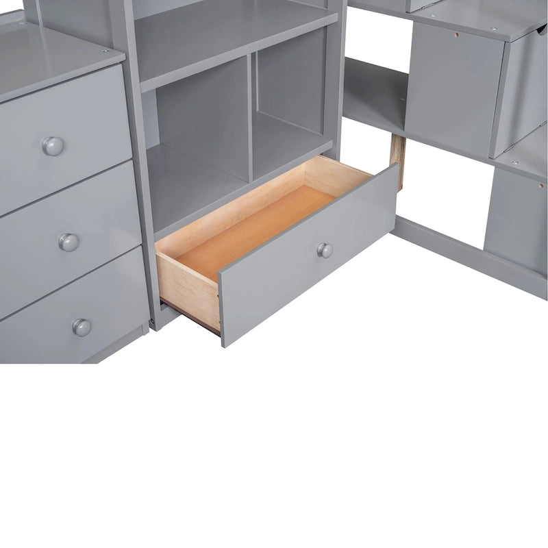 Hochbett aus Kiefernholz in Twin Size mit L-förmigem Schreibtisch