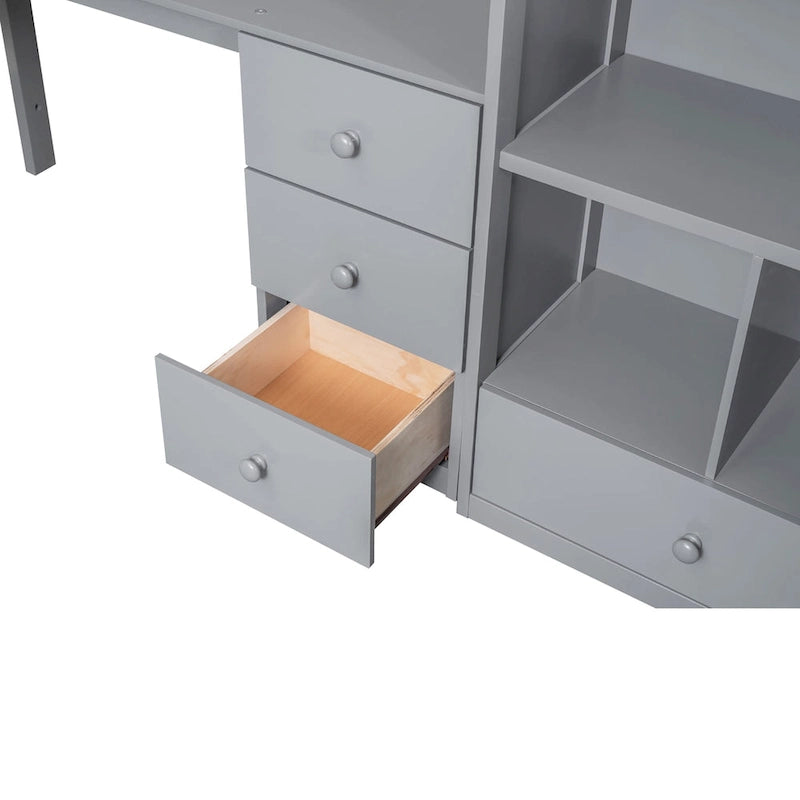 Hochbett aus Kiefernholz in Twin Size mit L-förmigem Schreibtisch